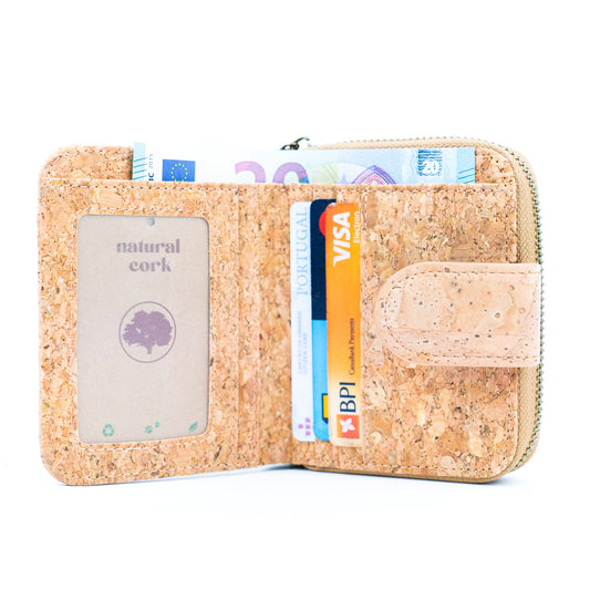 Eco-friendly cork wallet with ID slot, 8 card slots, 2 cash slip pockets