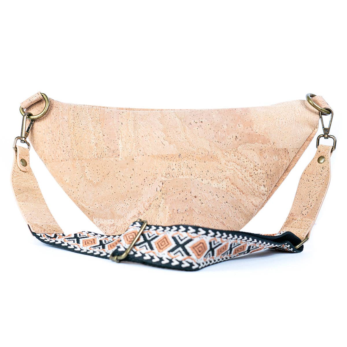 Sustainable cork sling bag back view showing woven strap