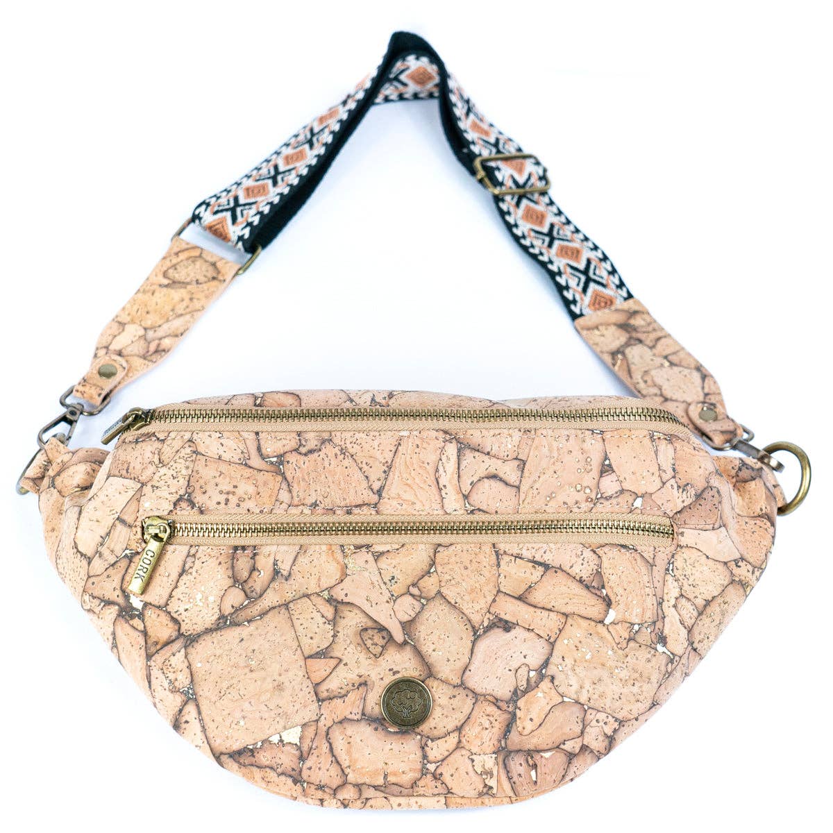 Close-up of cork sling bag craftsmanship, zipper, and logo