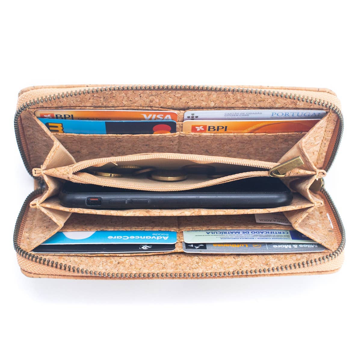 Eco-friendly cork wallet with 8 card slots, zip pocket, and slip pockets