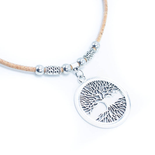 Close-up of cork necklace with vintage texture and zamak accents