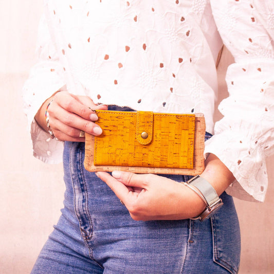 Carry yellow cork slim wallet in handbag – sustainable vegan fashion