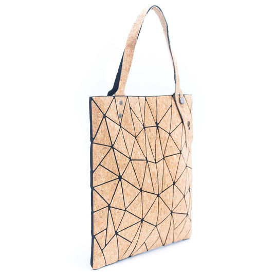 Handcrafted cork triangle tote bag side profile with adjustable handles