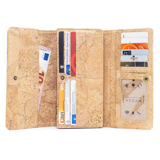 Vegan cork wallet with 12 card slots, ID window, and compartments