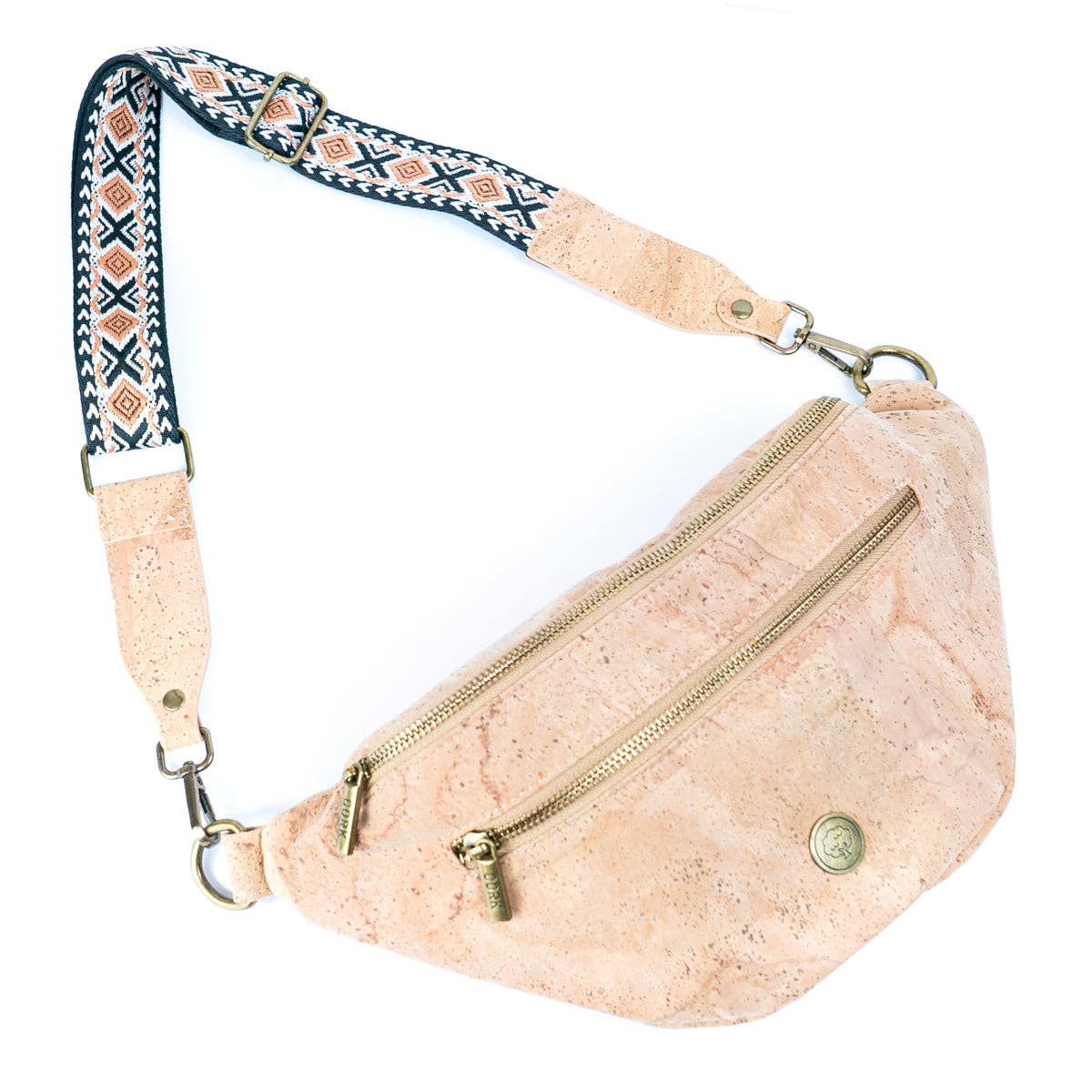 Eco-friendly cork sling bag front view with adjustable strap