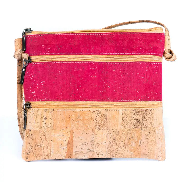 Solid Color Block Triple Zip Women's Cork Crossbody Bag