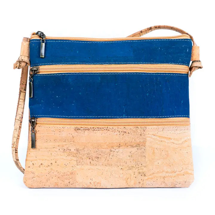 Solid Color Block Triple Zip Women's Cork Crossbody Bag