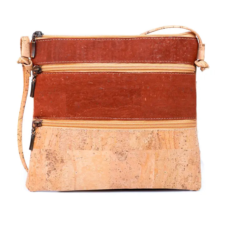 Solid Color Block Triple Zip Women's Cork Crossbody Bag