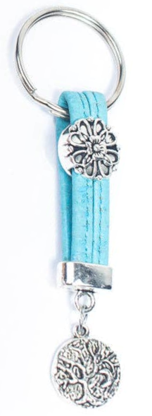 Natural cork cord keyring with floral pendant in turquoise