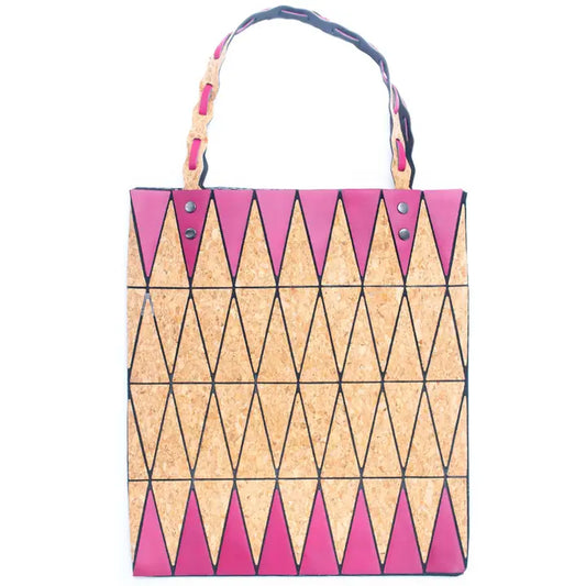 Pink Triangle Pattern Cork Tote Bag Front View – 35×30×12 cm