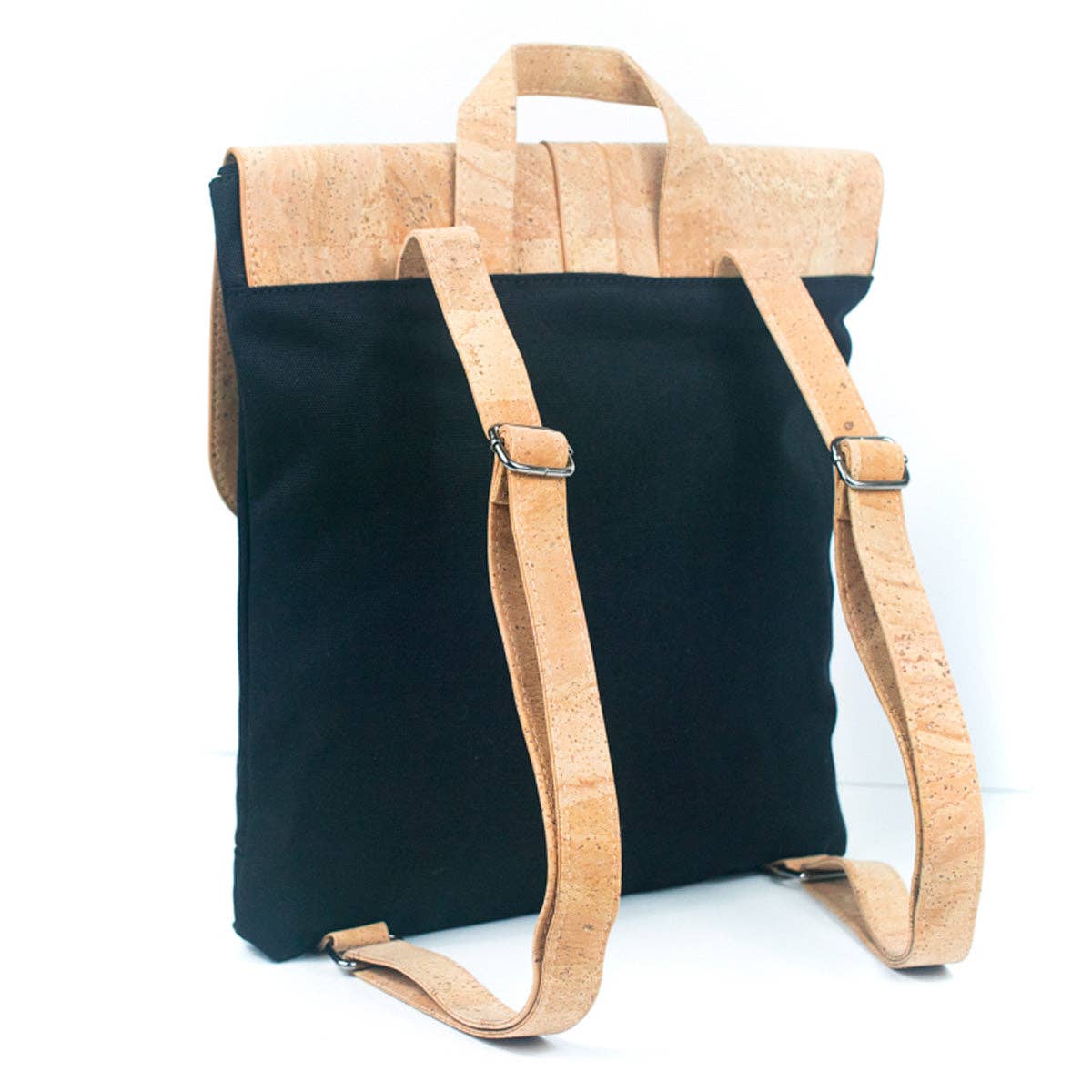 Sustainable cork and canvas backpack back view with adjustable straps