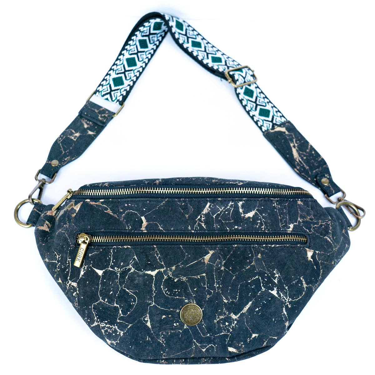 Eco-friendly cork sling bag front view with adjustable strap