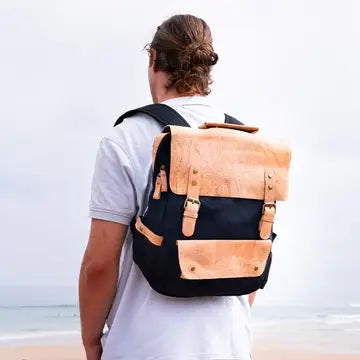 Black Natural Cork & Cotton Canvas Commuter Backpack Front View – 40×30×15 cm