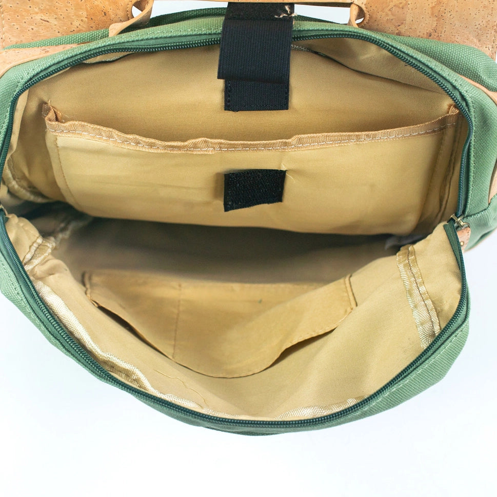 Green Natural Cork & Cotton Canvas Commuter Backpack Open View - 40×30×15 cm