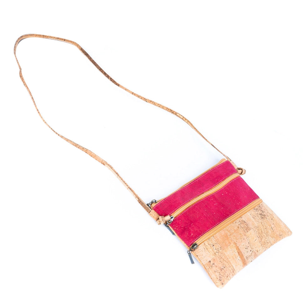 Solid Color Block Triple Zip Women's Cork Crossbody Bag
