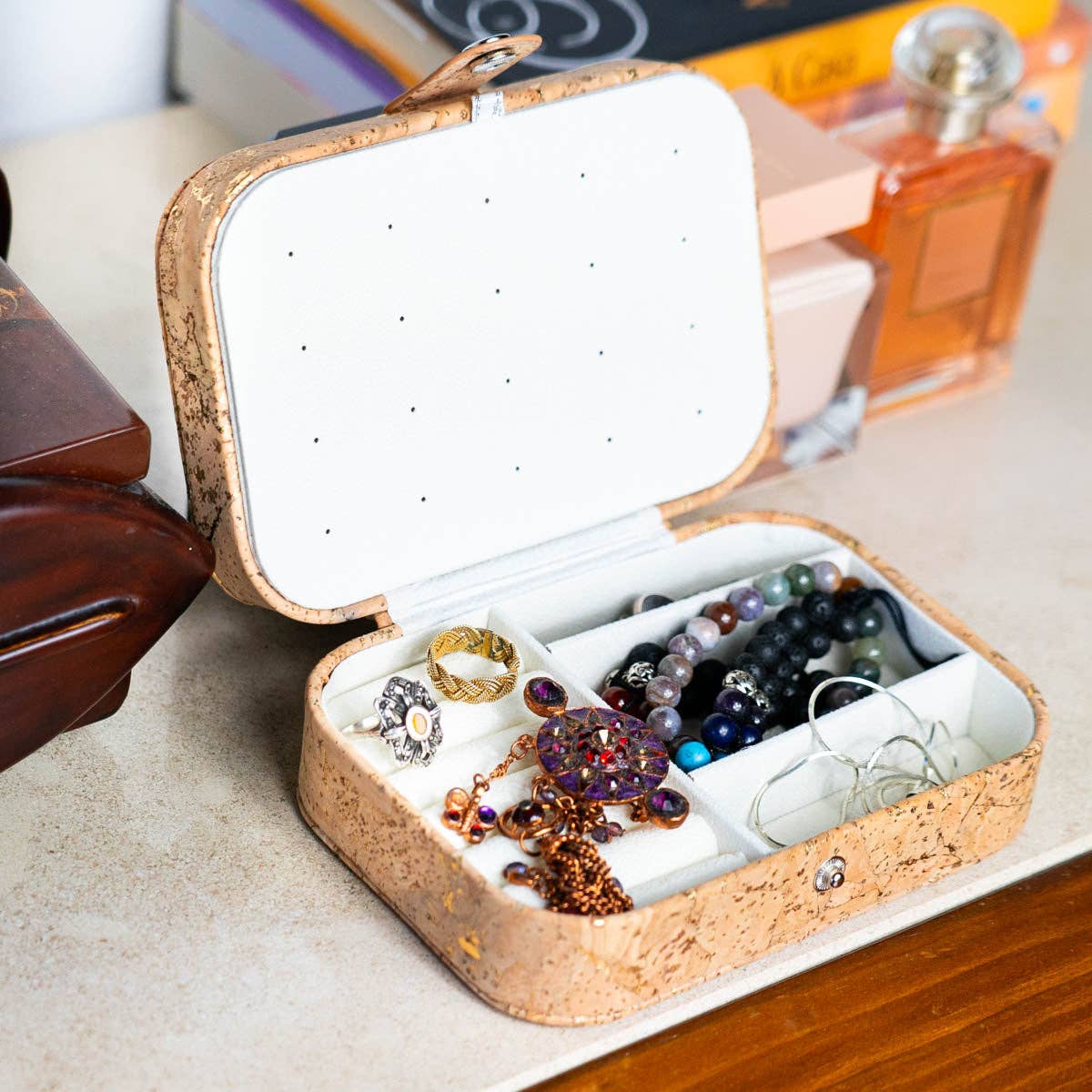Natural/Golden/Patterned Cork Jewelry Storage Rectangular Bo