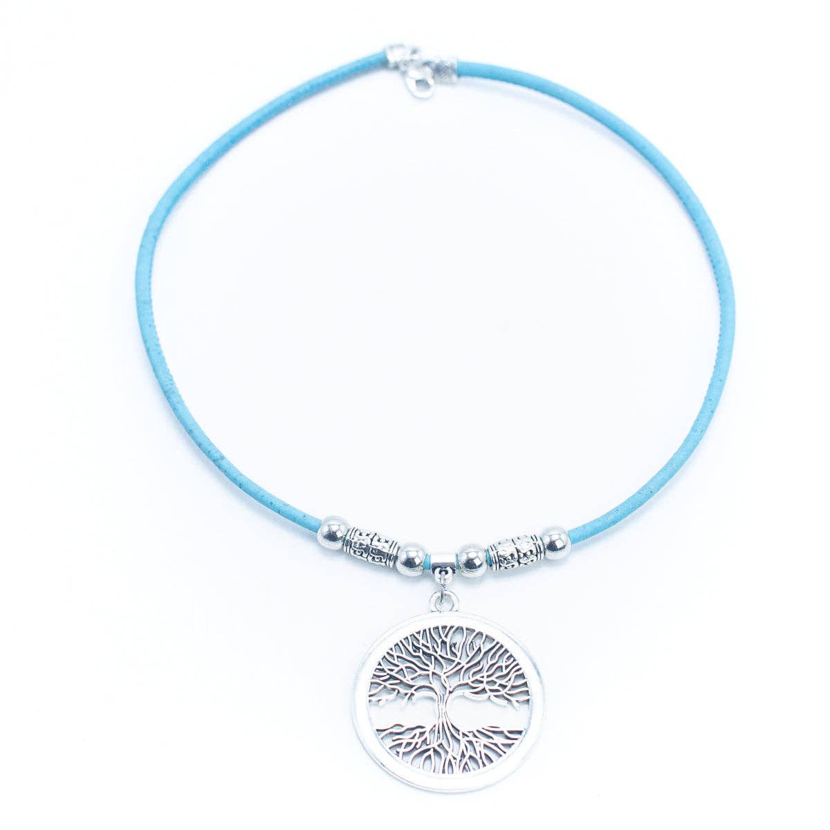 Handmade blue cork necklace for women – eco-friendly cork and zamak – CorkStyle