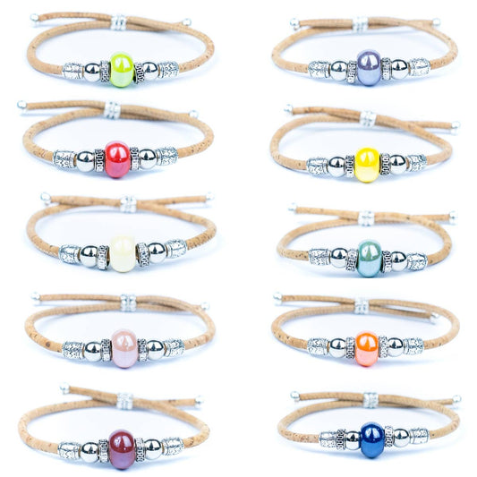 Handcrafted bracelet with natural cork thread and Colourful porcelain beads.
