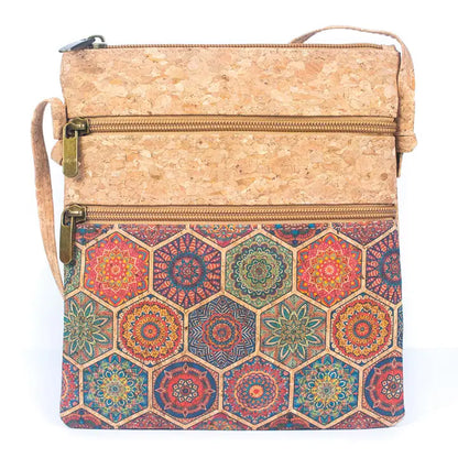 Natural Cork Patterned Double Zipper Crossbody Bag