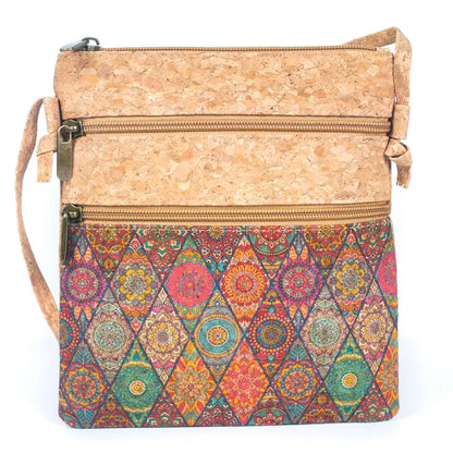 Natural Cork Patterned Double Zipper Crossbody Bag