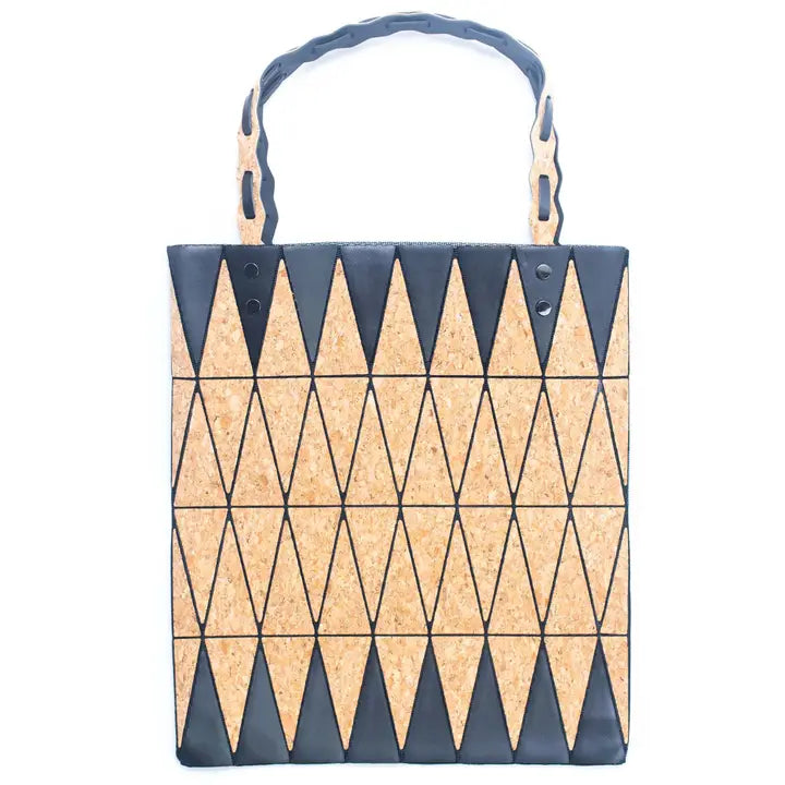 Black Cork Tote Bag with Triangle Pattern Front View – 35×30×12 cm