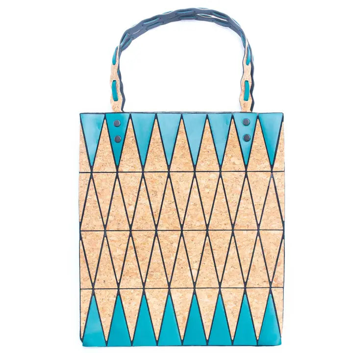 Turquoise Triangle Pattern Cork Tote Bag Front View – 35×30×12 cm