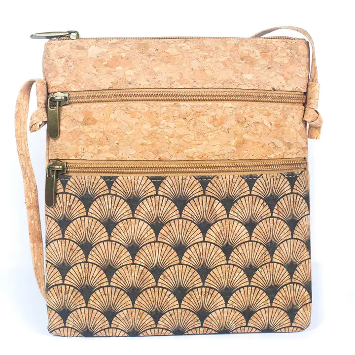 Natural Cork Patterned Double Zipper Crossbody Bag