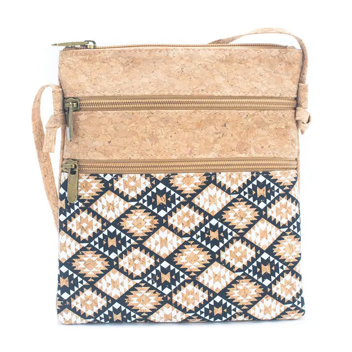 Natural Cork Patterned Double Zipper Crossbody Bag