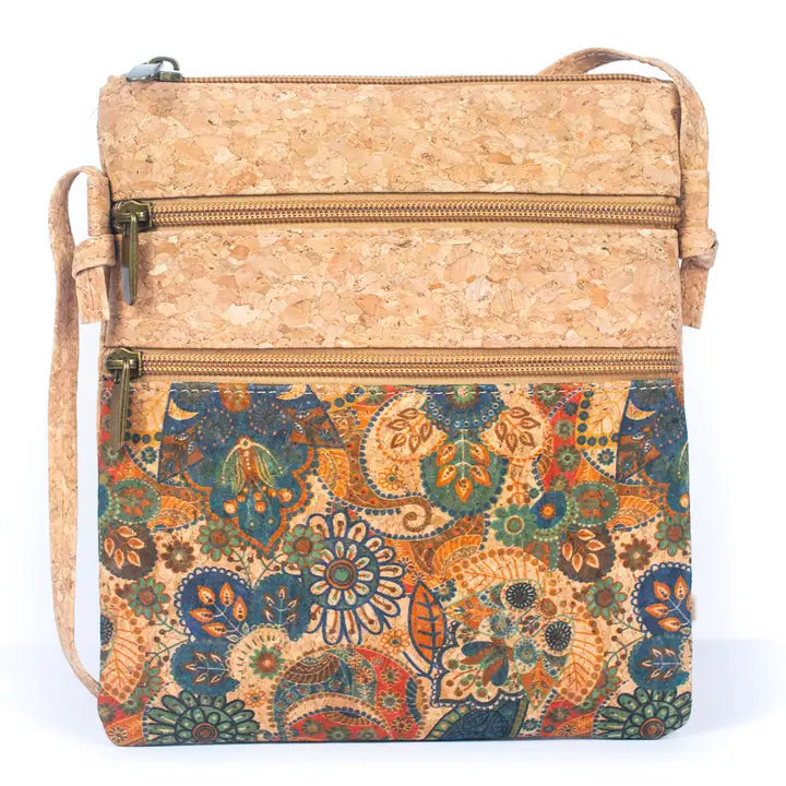 Natural Cork Patterned Double Zipper Crossbody Bag