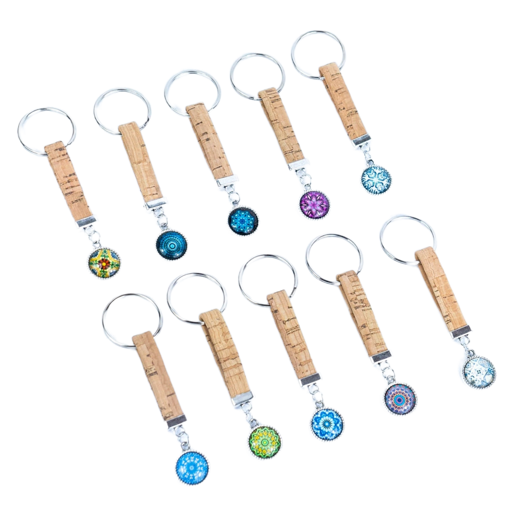 Assorted Cork Keyrings Displayed