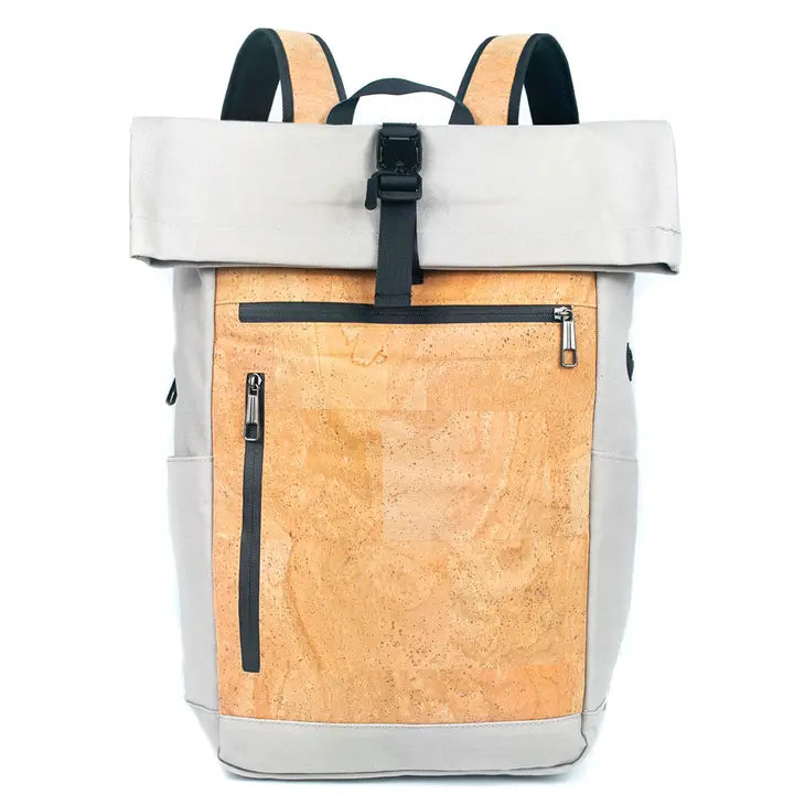 Grey Natural Cork & Cotton Canvas Commuter Backpack Front View – 40×30×15 cm 