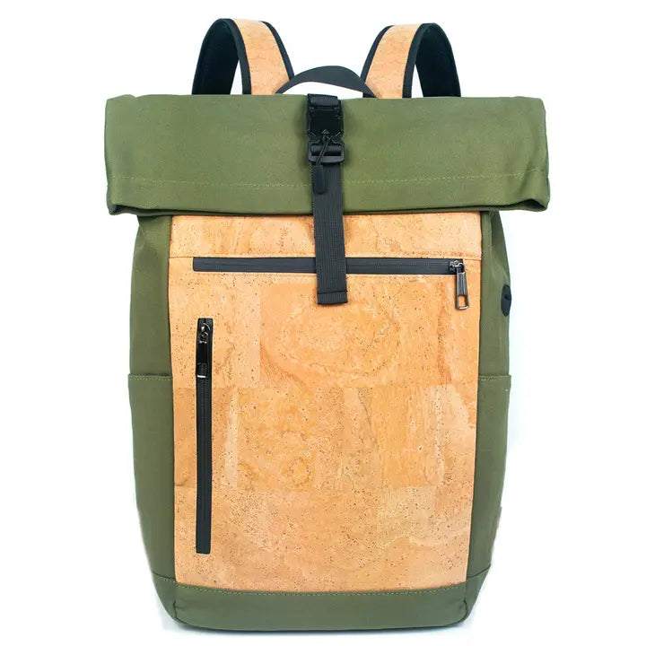 Green Natural Cork & Cotton Canvas Commuter Backpack Front View – 40×30×15 cm 