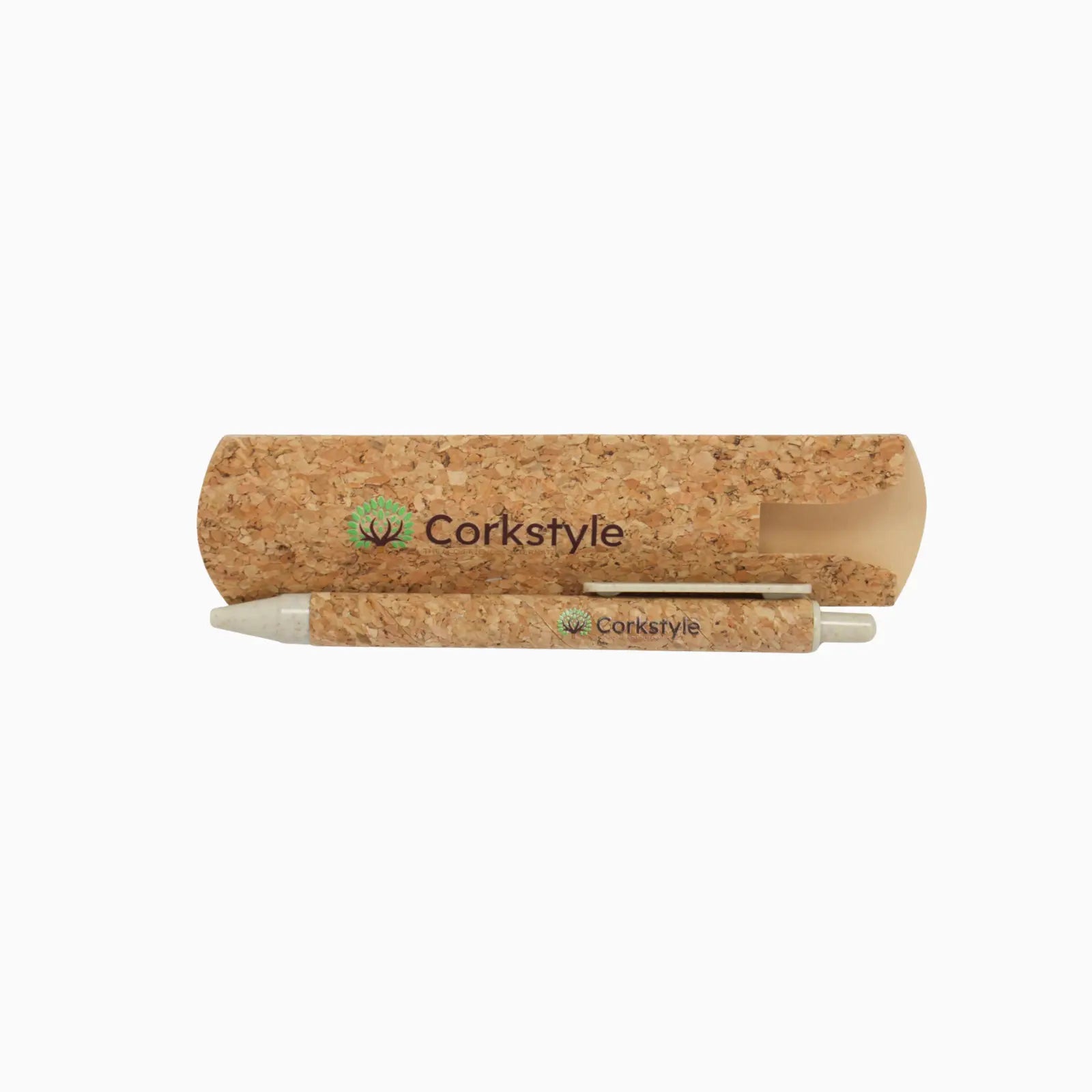 Standard Cork Pen with Sleeve front view, neutral colour, cork material
