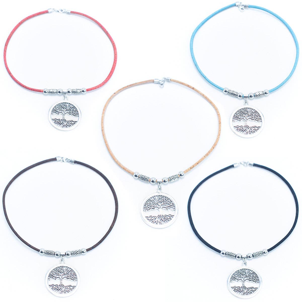 Handmade cork necklaces in multiple colors – sustainable fashion jewelry