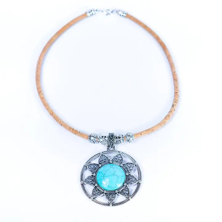 Front view – Handmade Cork Necklace with Sunflower Pendant