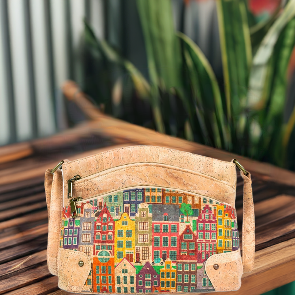 Three-Line Zipper Cork Crossbody Bag