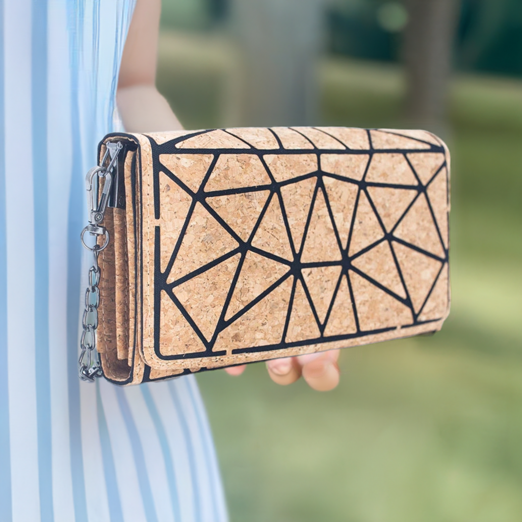 Geometric Pattern Natural Cork Chain Phone Wallet