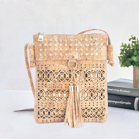 Gold and Silver Accented Cork Cut-Out Crossbody Bag