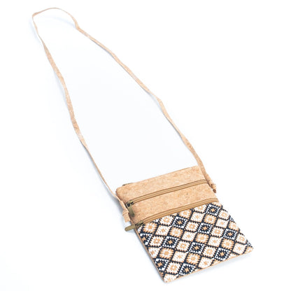 Natural Cork Patterned Double Zipper Crossbody Bag